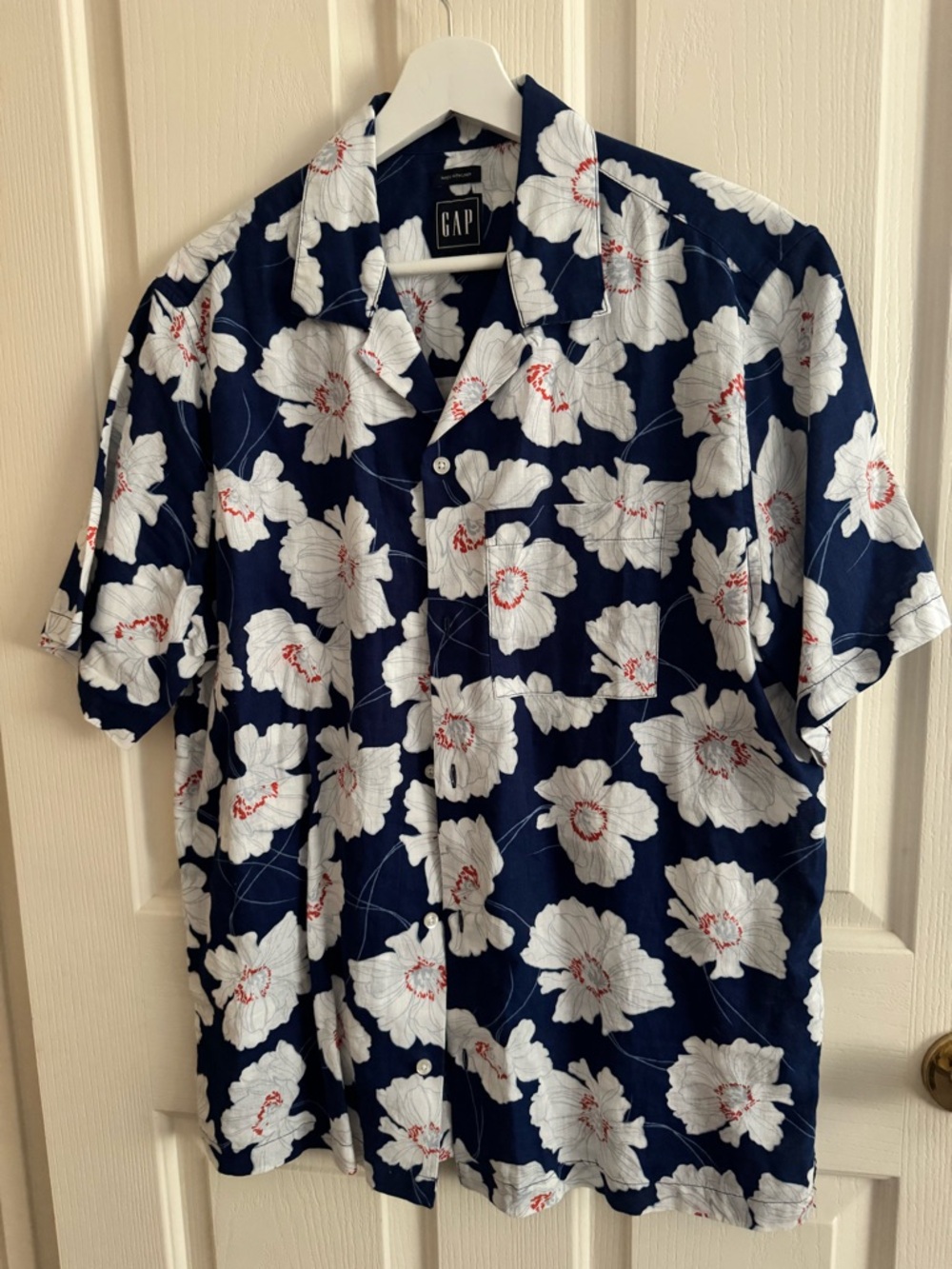 GAP Navy Button-Down Shirt with White Floral Print and Red Accents